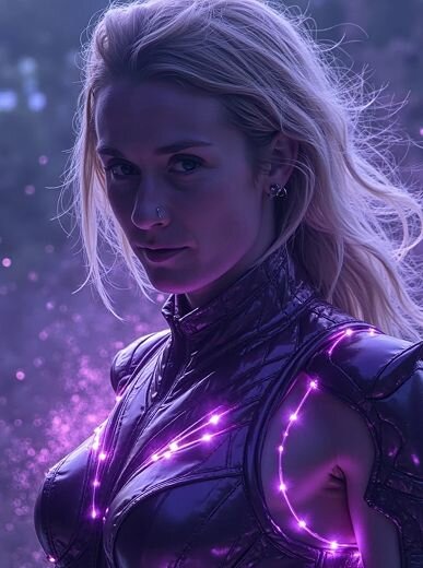 AI superhero portrait of a woman with glowing purple eyes, energy trails around her hands, and a space fantasy costume.
