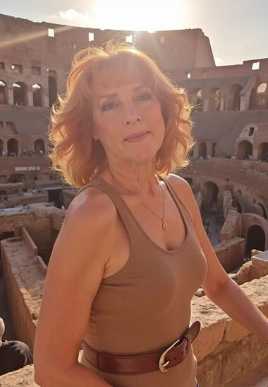 Somny-generated travel photo of the same woman standing confidently in front of the Colosseum in Rome—part of a before-and-after example from Somny’s AI travel generator.