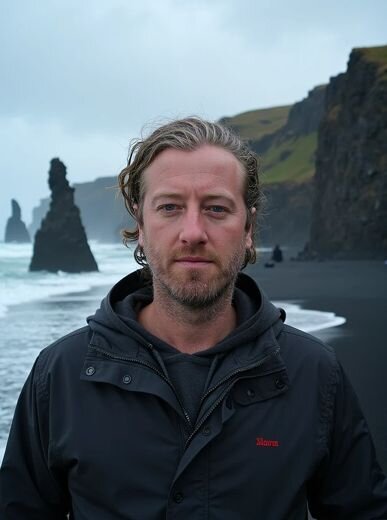 AI-generated travel photo of a man in a hooded jacket standing on a black sand beach with basalt cliffs in the distance—Somny’s Iceland-style scene with atmospheric realism.