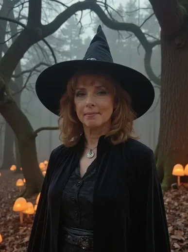 AI-generated portrait of a person dressed as a witch in a dark foggy forest with glowing Halloween atmosphere
