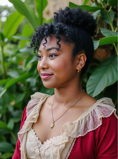 A Bridgerton-inspired portrait showcasing a person in an empire gown with a regency hairstyle in a garden setting.