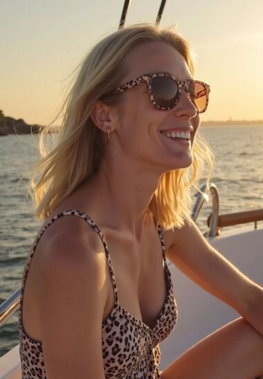 Stylish AI image of a woman in a leopard print swimsuit and sunglasses, smiling aboard a boat at sunset—Somny’s AI luxury beach lifestyle photography style.