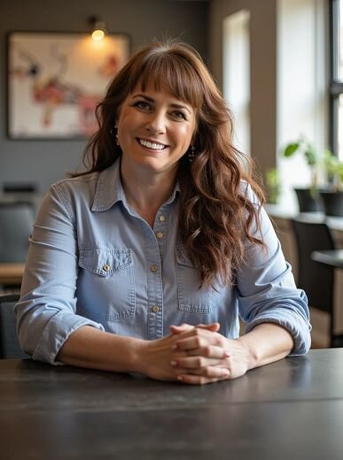 AI-generated lifestyle headshot of a smiling woman at a table in a warmly lit modern office—capturing Somny’s casual yet polished business portrait style.