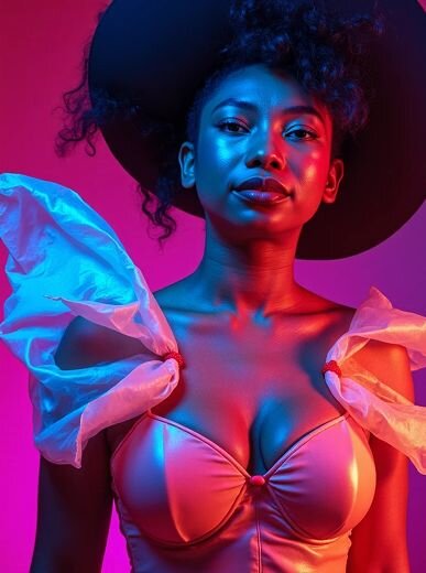 AI fashion concept shoot with dramatic lighting, colorful shadows, and expressive artistic styling on the model.