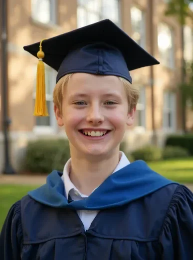 AI-generated professional graduation headshot of the same woman in academic regalia with a clean neutral background and polished lighting