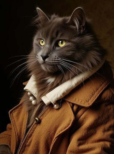 AI-generated fantasy pet portrait of a long-haired cat wearing a caramel-colored overcoat with pearl accents—Somny’s period costume transformation for pets.