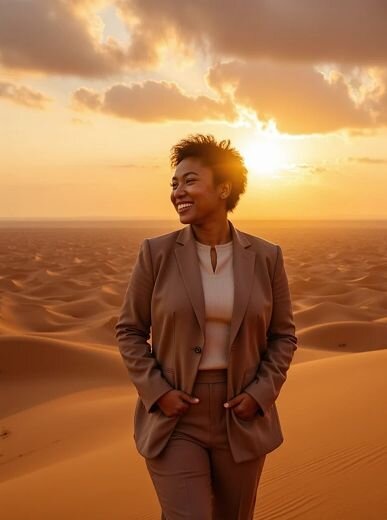AI-generated image of a woman in a light tan suit smiling in front of a vast desert landscape at golden hour—Somny’s desert travel aesthetic with cinematic lighting.