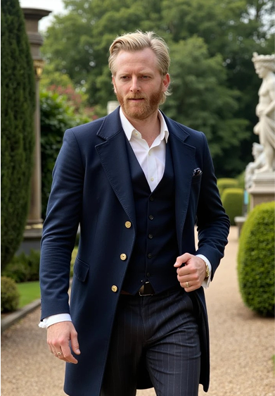 Man in a Regency-era navy tailcoat walking through a formal garden, transformed using Somny’s Bridgerton filter.