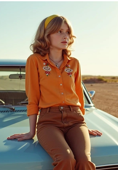 AI photo of a young woman in a retro orange blouse and corduroy pants sitting on a classic car in soft natural light.