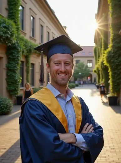 AI graduation portrait of a person in cap and gown standing in a sun-drenched campus courtyard with warm golden-hour lighting
