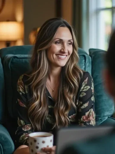 Person reviewing polished AI profile photos on a laptop at home, coffee nearby, multiple portrait styles visible on screen, relaxed home office setting