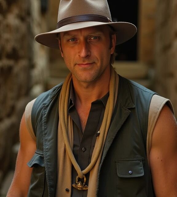 Man transformed into a rugged action star wearing a fedora and explorer vest, standing on a dramatic film set.
