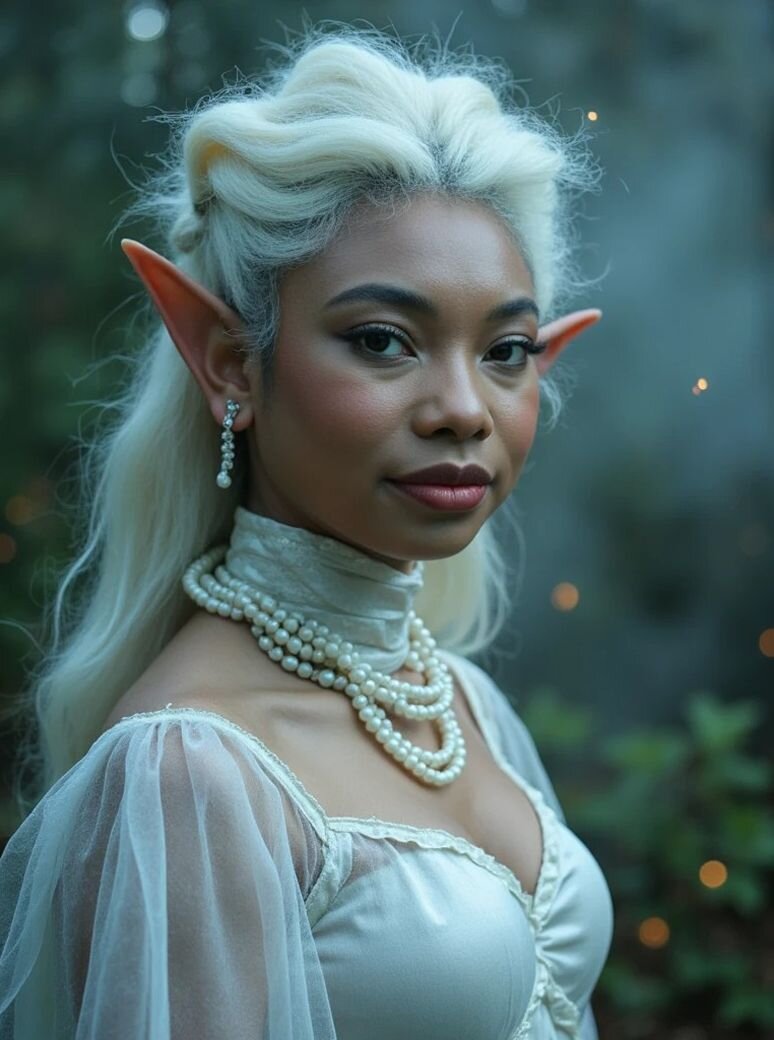 AI fantasy avatar of a serene elf woman with silver hair, long pointed ears, and layered forest jewelry, standing in soft twilight among sparkling magical particles.