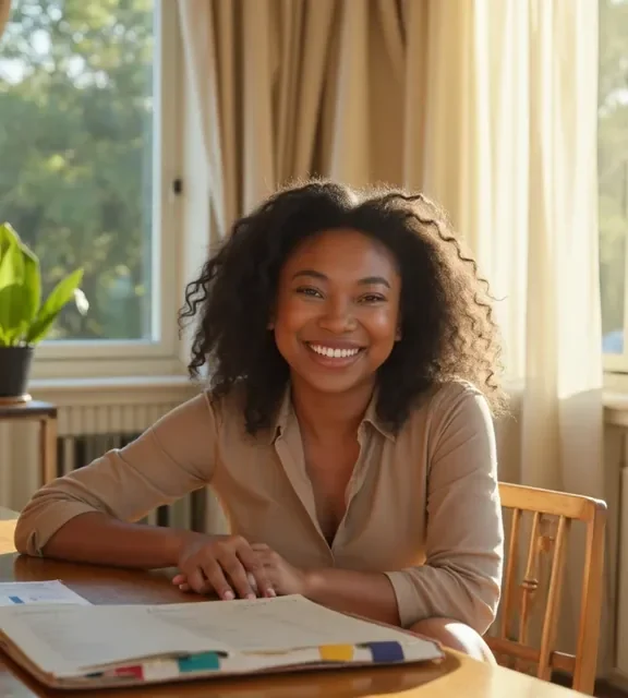 A person beaming with pride looking at a polished AI-generated graduation portrait, warm home setting with natural light