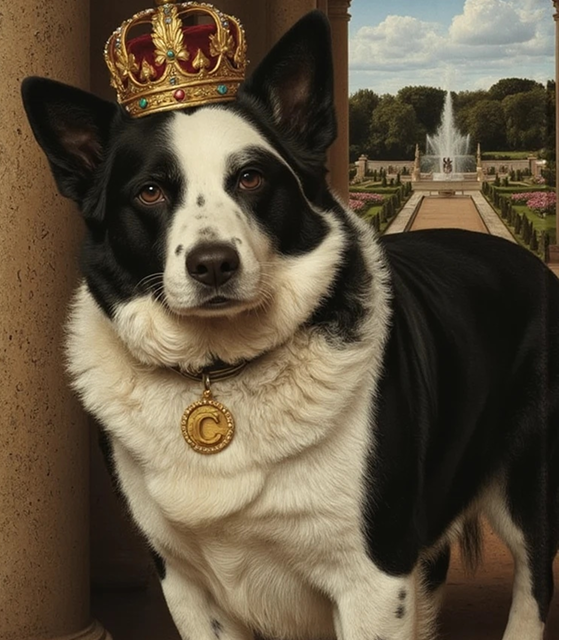 AI image generator pet portrait of a black and white dog wearing a jeweled royal crown and gold pendant, posed against a palace courtyard backdrop—Somny’s luxury AI pet art style.