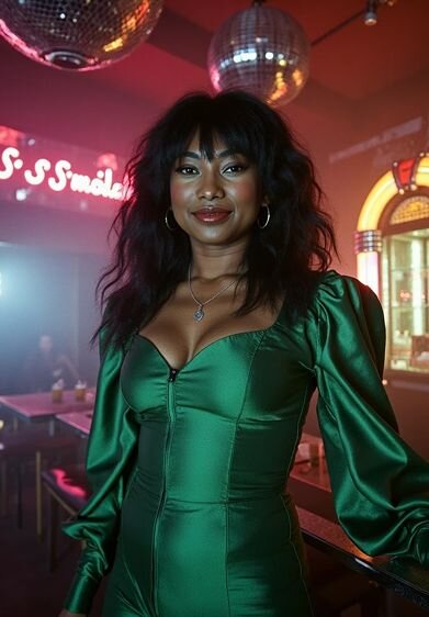 1970s AI photo generator image of a woman in a green satin dress with voluminous hair under disco lighting.