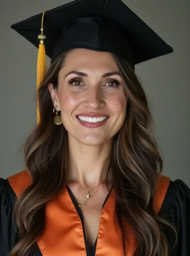 Close-up AI graduation portrait with sharp facial likeness, cap and gown, professional studio lighting that shows clear individual features