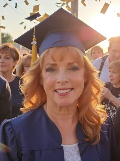AI-generated celebratory graduation portrait of the same man in cap and gown, joyful expression, bright sky and confetti in the background