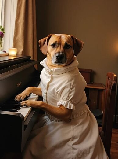 AI-generated whimsical pet portrait of a brown dog in a white Regency dress, posed upright while playing the piano—Somny’s AI period costume pet portrait style.