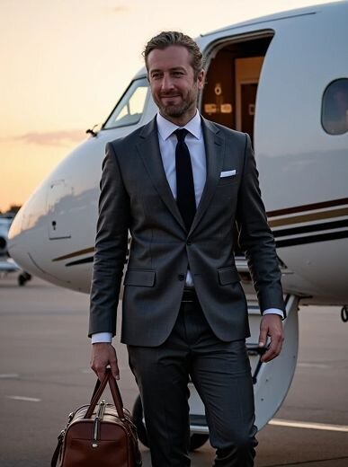 AI image of a confident man in a tailored gray suit stepping off a private jet at sunset, carrying a leather travel bag—generated for Somny’s luxury jetsetter photo series.