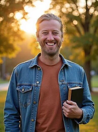 AI church staff image of a man smiling outdoors in front of trees, wearing a denim jacket and tee with warm golden hour lighting.