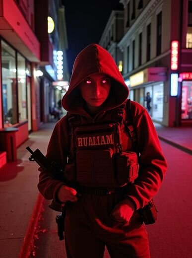 AI portrait of a dark superhero in a red hooded costume with neon-lit city streets in the background.