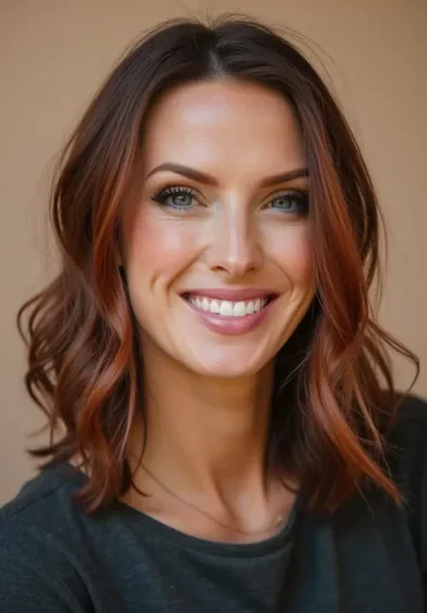 Woman with a polished AI-generated profile picture, professional and approachable, warm studio lighting, clearly her own face