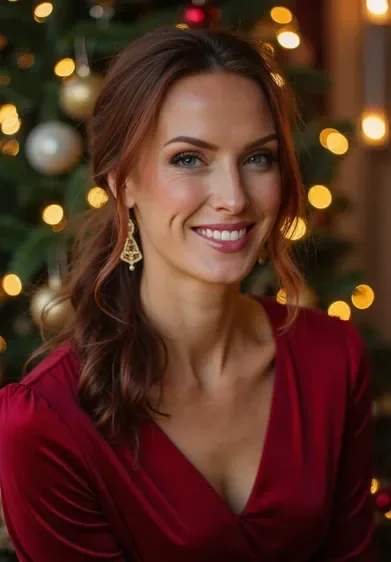 AI-generated Christmas portrait of a woman in a cozy holiday setting with warm lights and festive decor