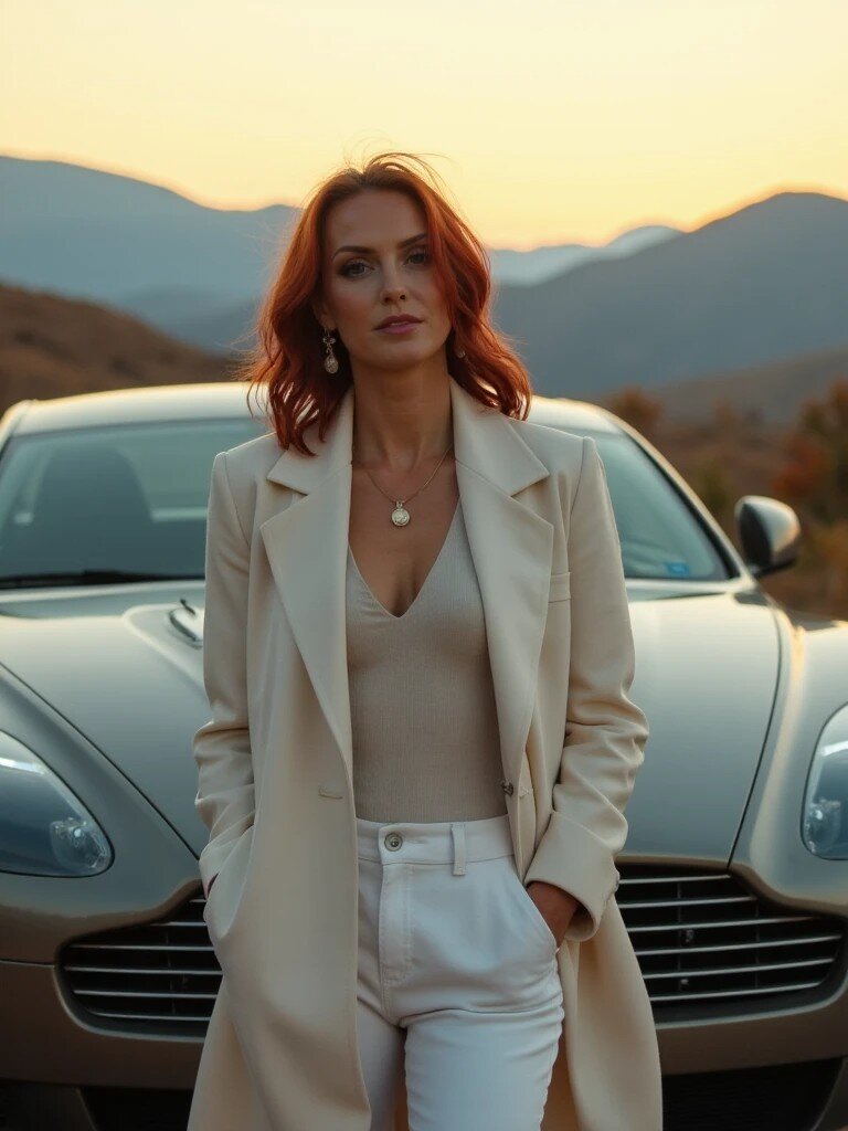 AI image generator fashion portrait of a confident woman in a cream long coat, neutral top, and white pants, standing in front of a luxury Aston Martin at sunset with mountain scenery—part of Somny’s AI fashion photoshoot generator for cinematic, editorial-style images.