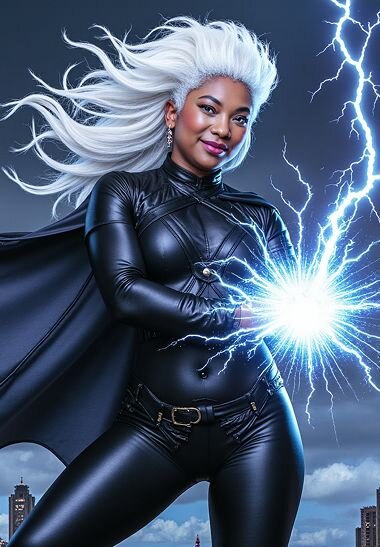 AI superhero image showing a woman with lightning powers in black tactical gear and white hair, mid-action.