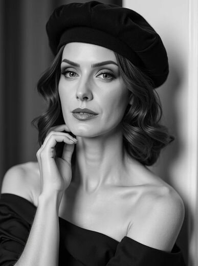 AI movie star image in black and white of a woman with vintage curls and dramatic lighting, channeling old Hollywood style.