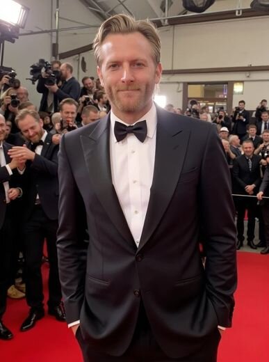 AI movie star transformation of a man in a tuxedo smiling on the red carpet with crowds and flashing cameras.