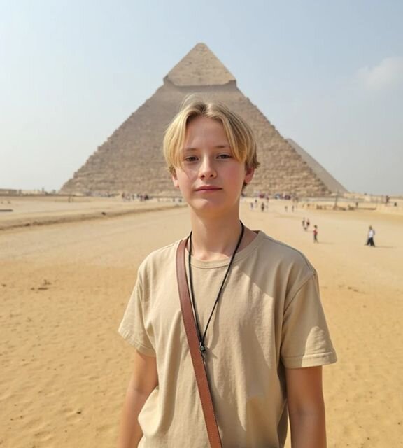 AI-generated travel portrait of a teen boy standing in front of the Great Pyramid in Egypt, wearing a casual beige outfit—Somny’s destination simulation with lifelike lighting and detail.