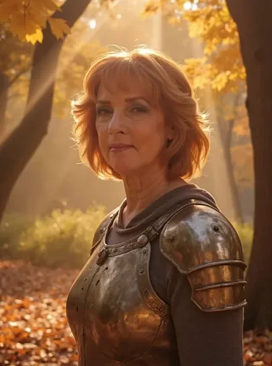 Fantasy AI avatar of a woman in ornate armor standing in a magical glowing forest