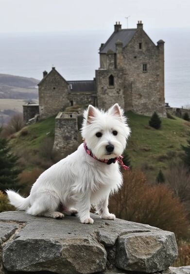 AI travel photo of a West Highland Terrier sitting on a stone ledge with castle ruins and ocean cliffs in the background—Somny’s AI destination scene for pets.