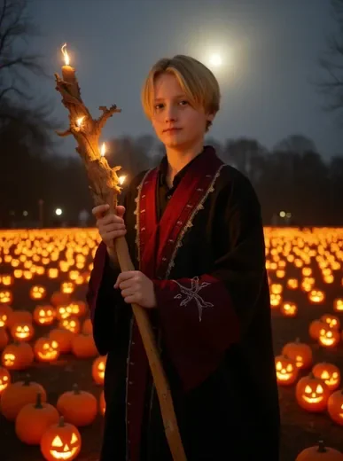 Person in a dramatic witch costume standing in a misty Halloween forest, AI-generated portrait