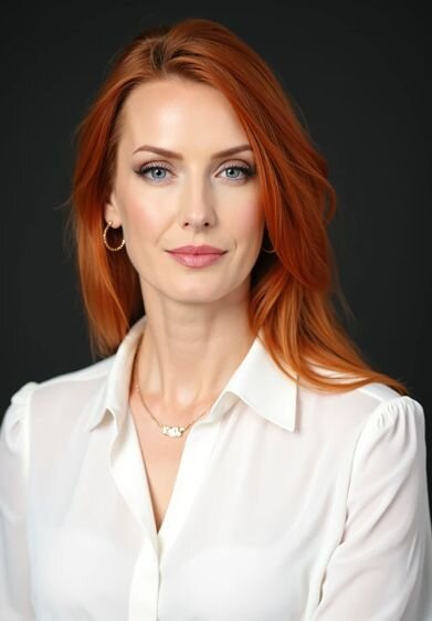 AI business headshot featuring a poised woman with red hair in a white blouse, set against a neutral black backdrop—elegant and polished, created with Somny’s AI headshot tool.