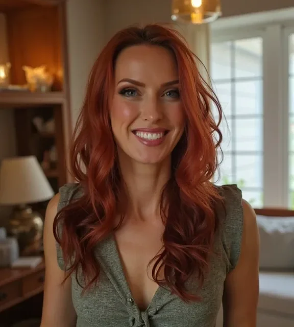 Person holding a phone displaying a beautiful grid of their own AI avatar photos in different styles, looking delighted