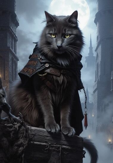 AI-generated fantasy portrait of a gray cat dressed as a mystical wizard, wearing a leather cloak with runes, seated in front of a moonlit medieval castle—Somny’s AI fantasy pet portrait style.