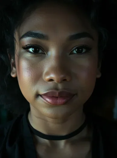 Cinematic AI avatar portrait of a woman with dramatic studio lighting and rich color grading