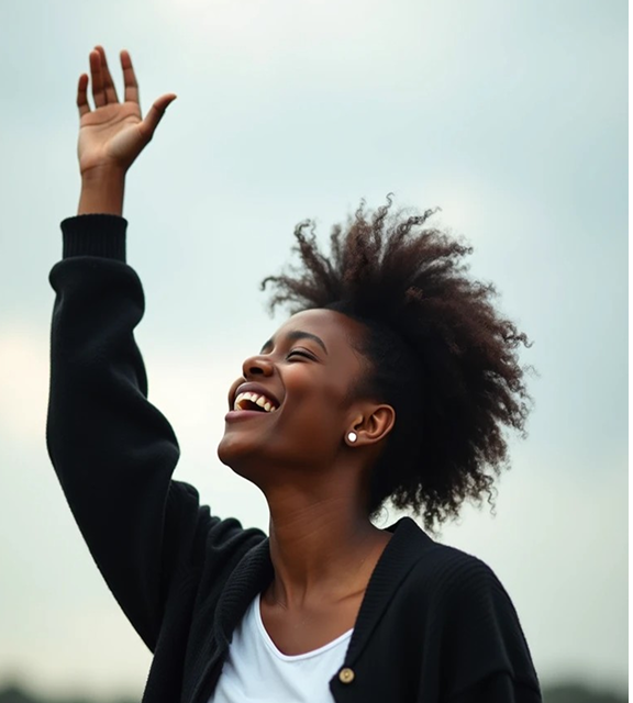 AI portrait of a cheerful woman with curly hair in a white blouse, smiling and raising her hand in greeting.