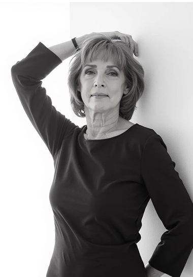 AI image generator photoshoot portrait of an elegant older woman in a black dress, posed confidently against a white backdrop with one arm raised—Somny’s AI photoshoot generator creating professional, studio-style black-and-white fashion imagery.