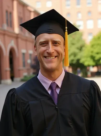 AI-generated graduation portrait of the same man in cap and gown against a sunlit campus backdrop with warm golden-hour lighting