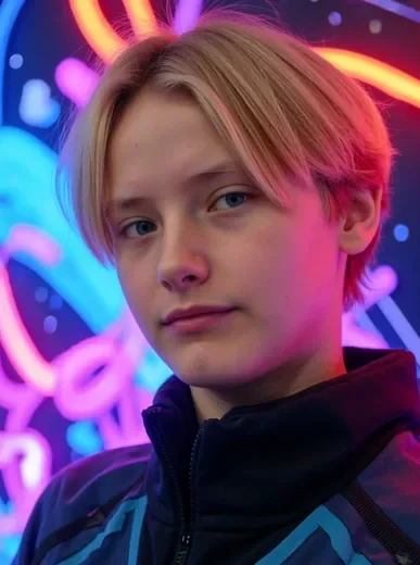 Cyberpunk-style AI avatar of a man with vibrant cel-shading and expressive stylized features