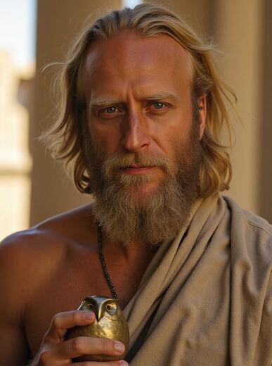 AI period portrait of a man dressed as a Greek philosopher or Roman noble, holding a brass owl and wearing a linen toga—Somny’s mythological and classical era avatar style.