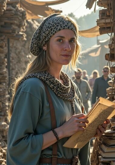 AI fantasy-style image of a woman dressed in a rustic tunic and patterned head wrap, holding a parchment scroll in a historical market setting—Somny’s medieval character look.