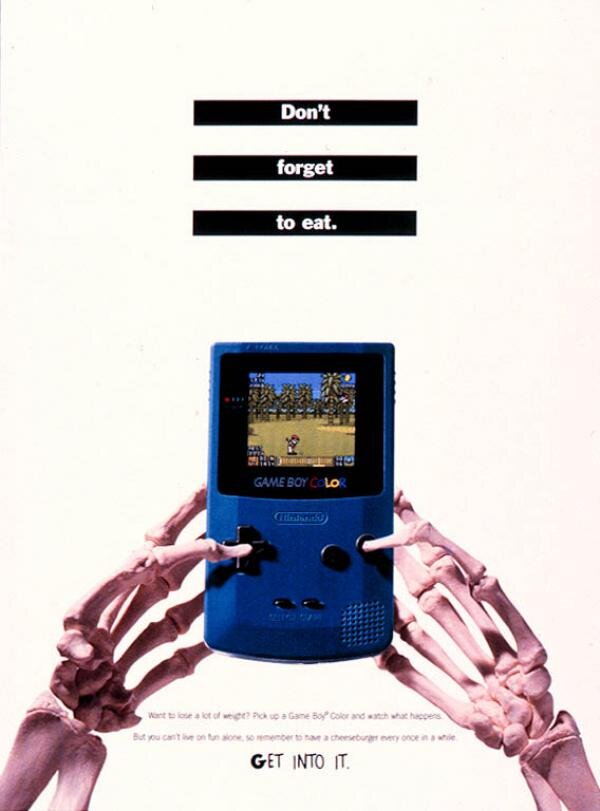 A skeleton holding a gameboy with 'Don't forget to eat.' above'