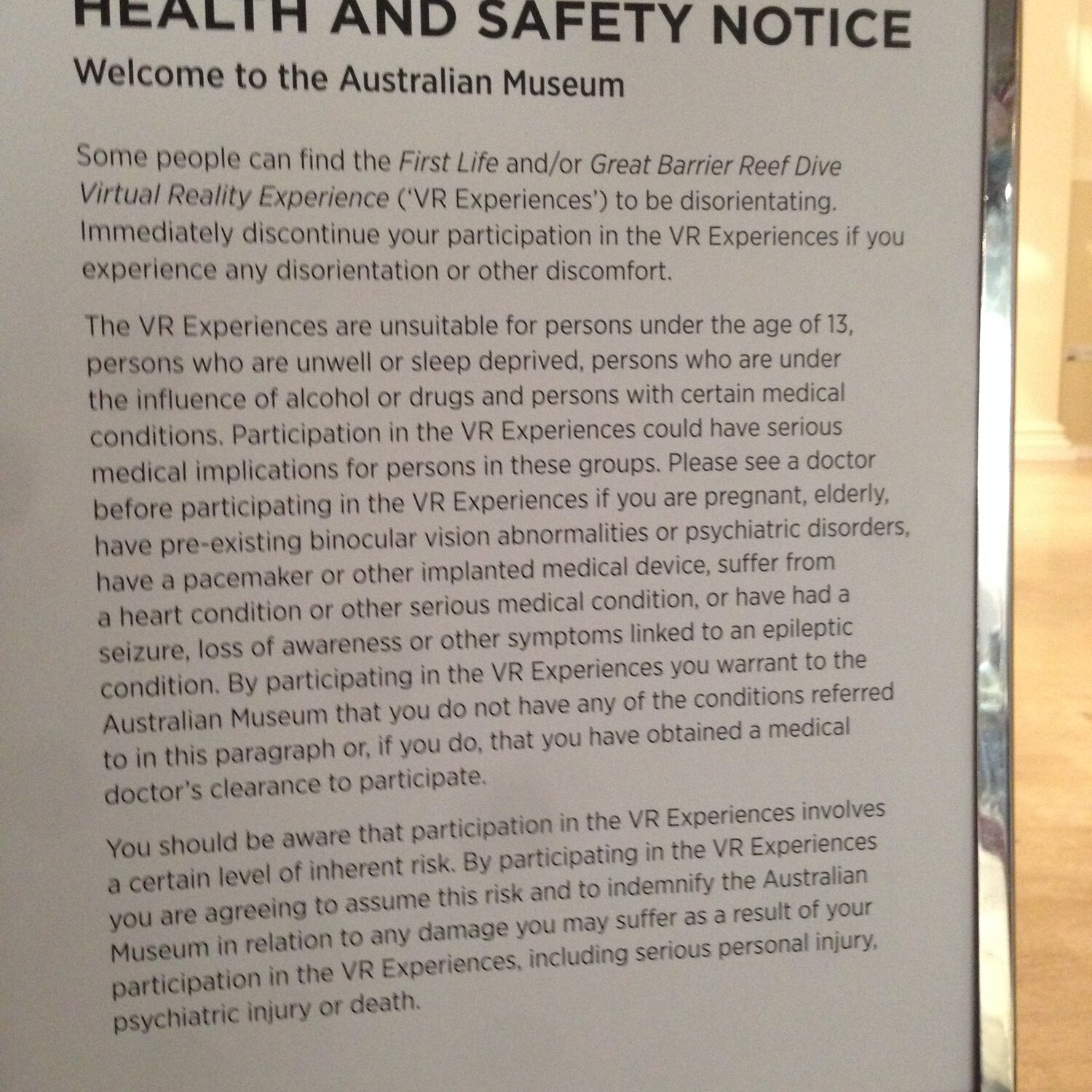 Health and Safety notice at Australain Museum