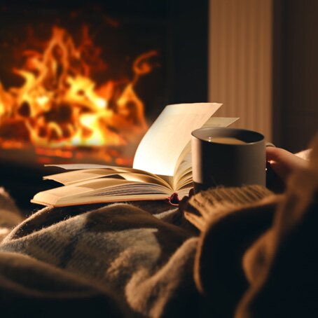 close up of person sitting in front of the fireplace reading a book and drinking coffee
