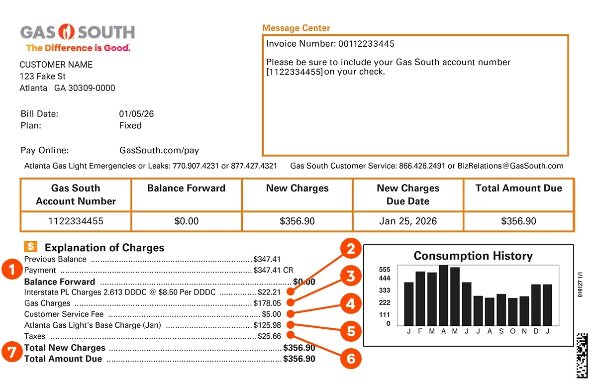Parts of a Gas South bill.
